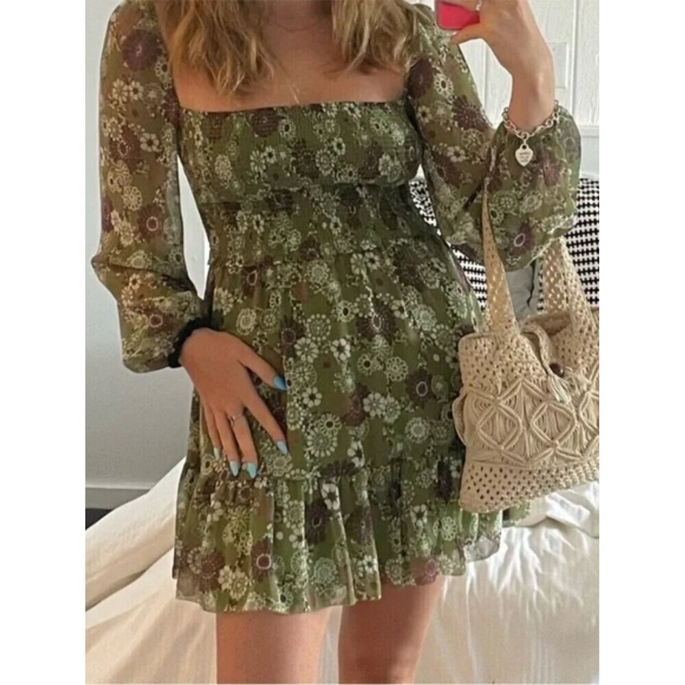 Aritzia Wilfred Tempest Mini Dress Smocked Chiffon Succulent Green Size 2XL